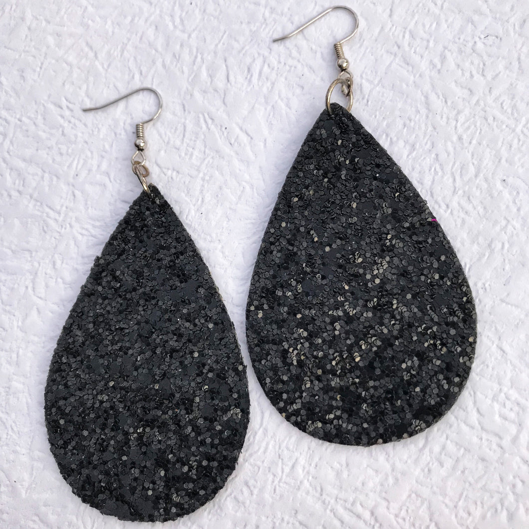 Large Black Glitter Faux Leather Earrings