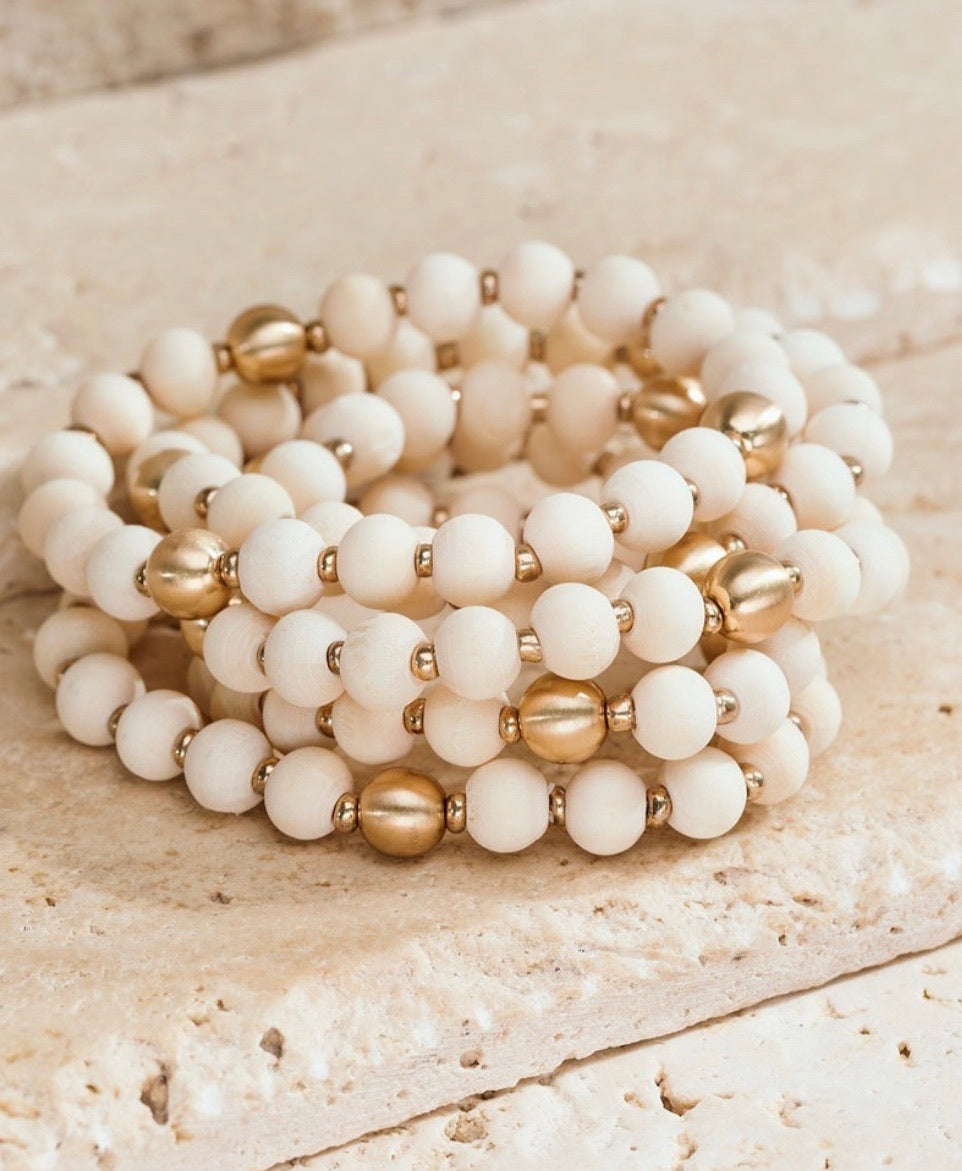 Ivory Wood Metal Bead Bracelet