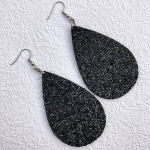 Large Black Glitter Faux Leather Earrings