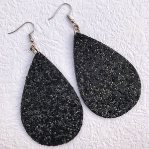 Large Black Glitter Faux Leather Earrings