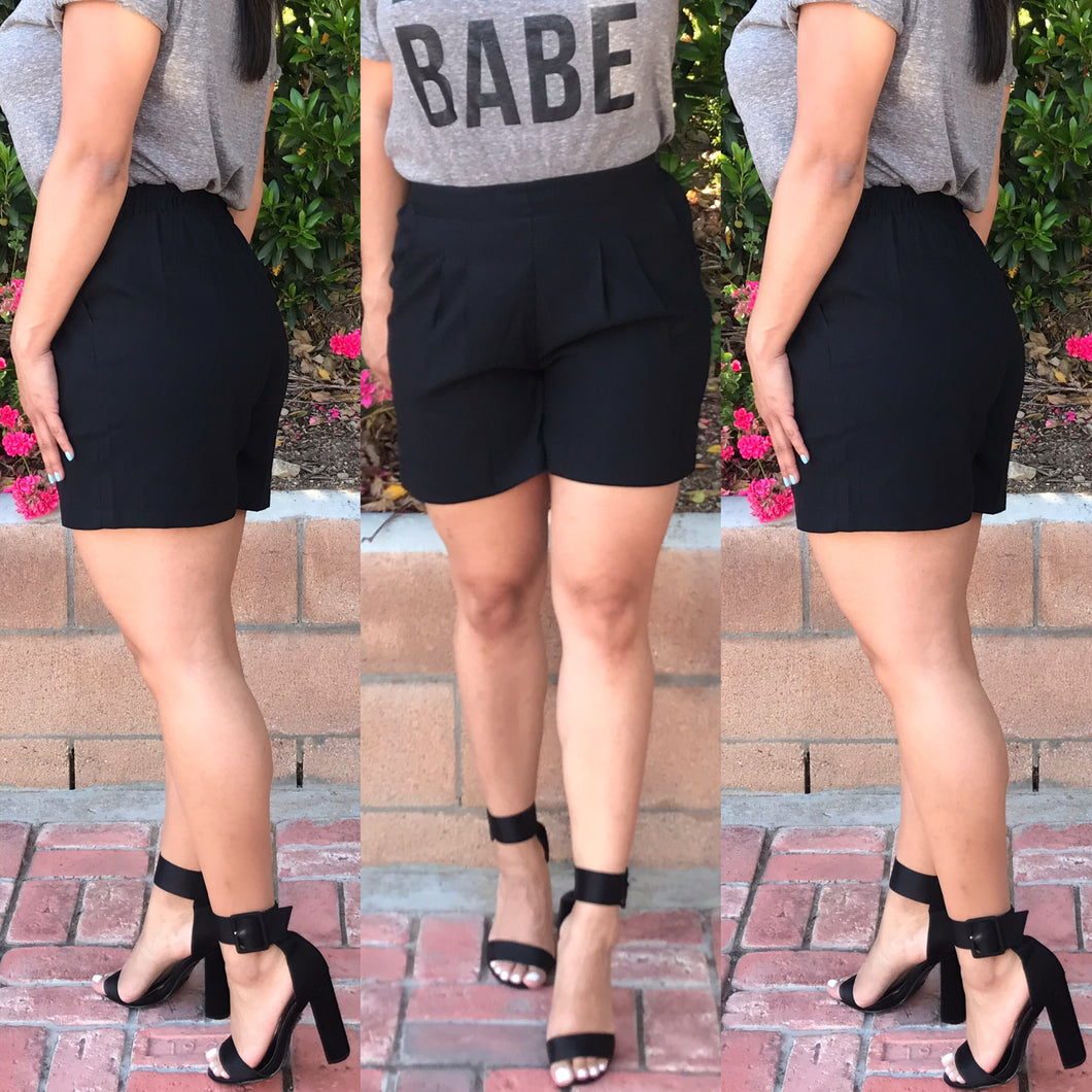 Pleated Solid Black Shorts